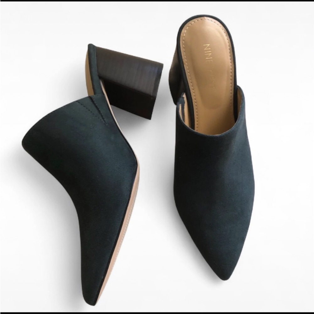 Nine West Black Pointed-Toe Suede Block Heel Mules